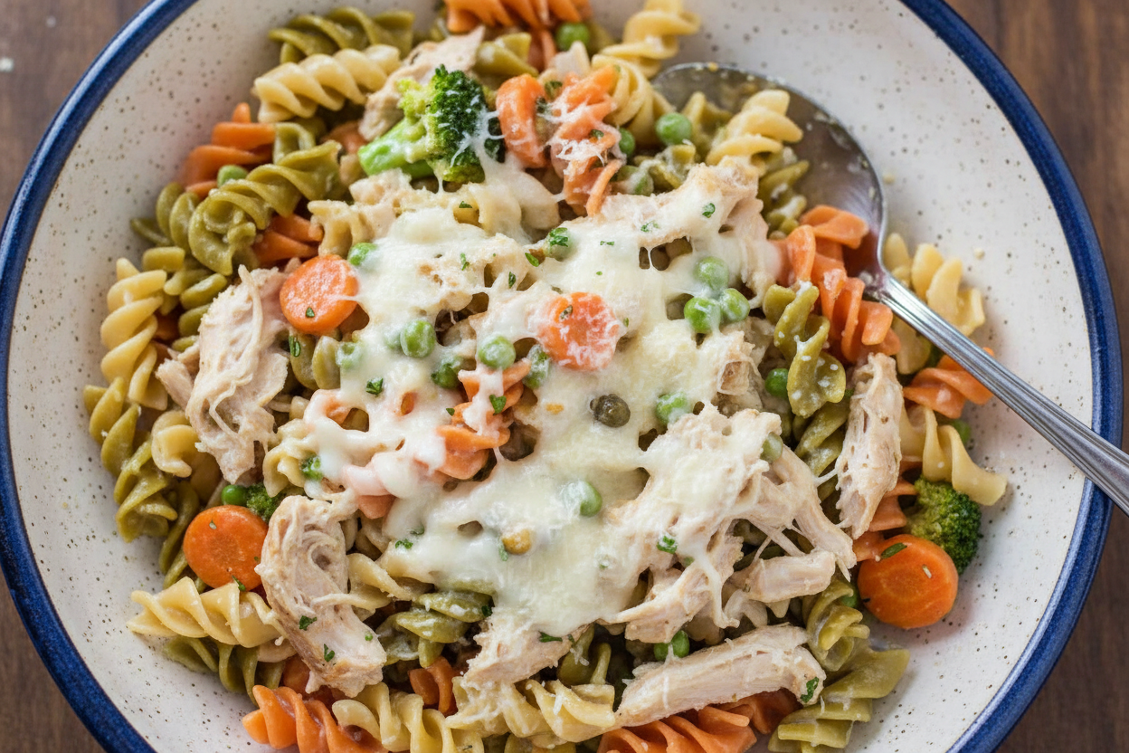 Slow Cooker Garlic Chicken and Veggie Alfredo Pasta