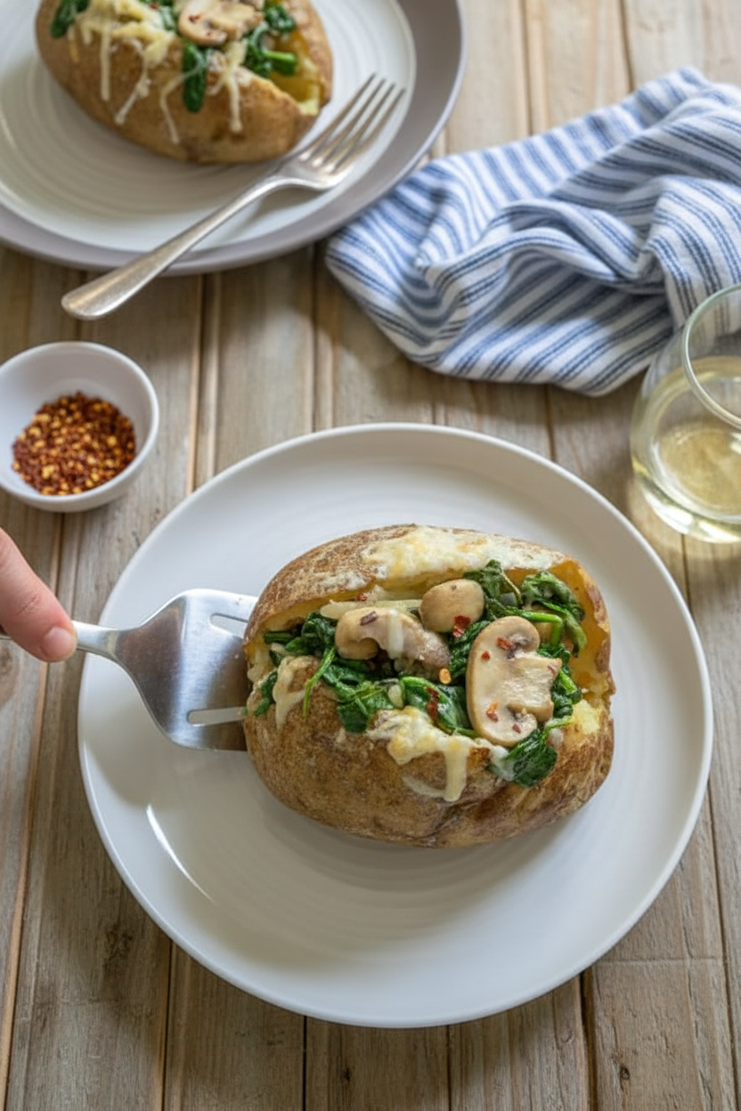 Spinach Mushroom Stuffed Baked Potatoes with Cheddar - The Schmidty Wife