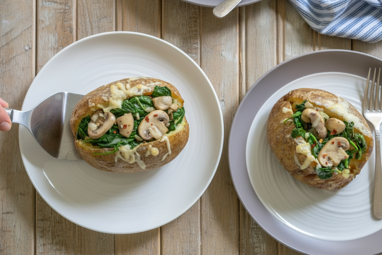 Spinach Mushroom Stuffed Baked Potatoes with Cheddar