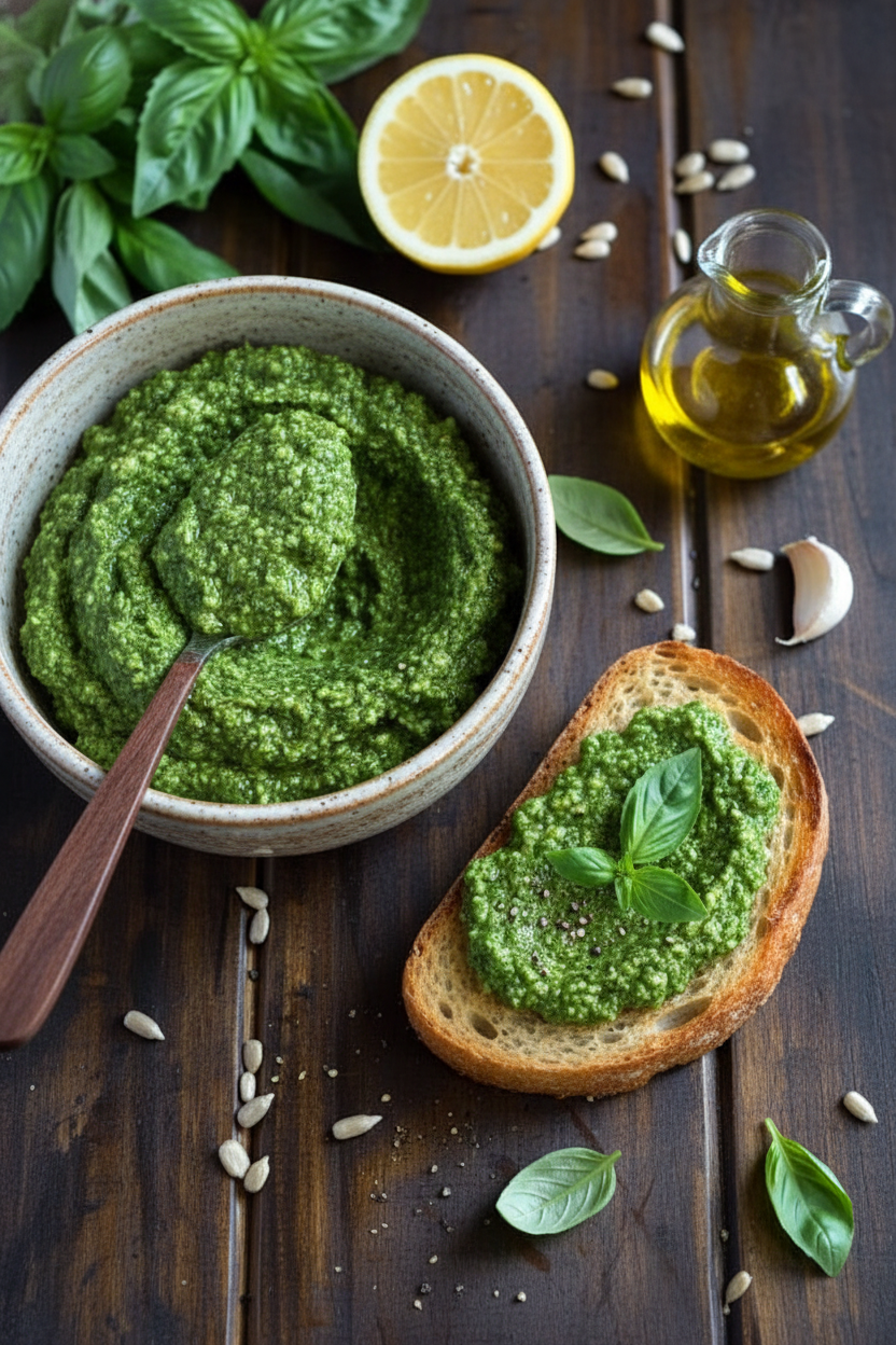 Sunflower Seed Basil Pesto - The Schmidty Wife