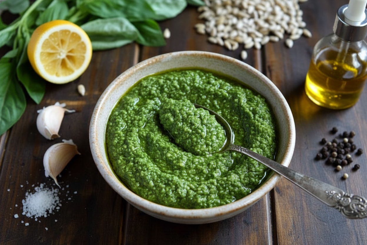 Sunflower Seed Basil Pesto - The Schmidty Wife