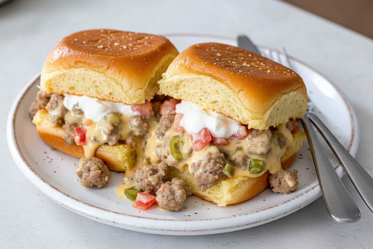 Velveeta Cheeseburger Sliders With Knife and Fork