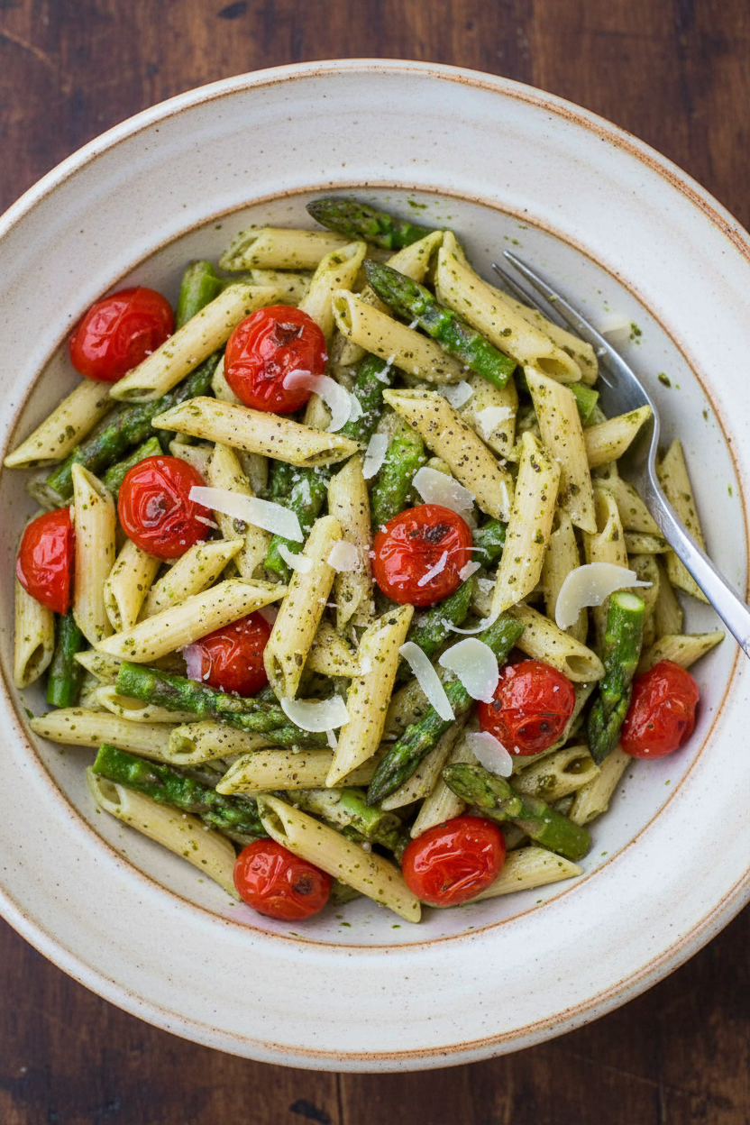 Asparagus Pesto Pasta with Roasted Tomatoes
