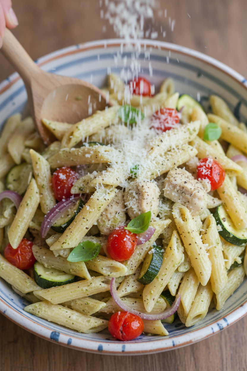 Roasted Vegetable and Chicken Pesto Penne