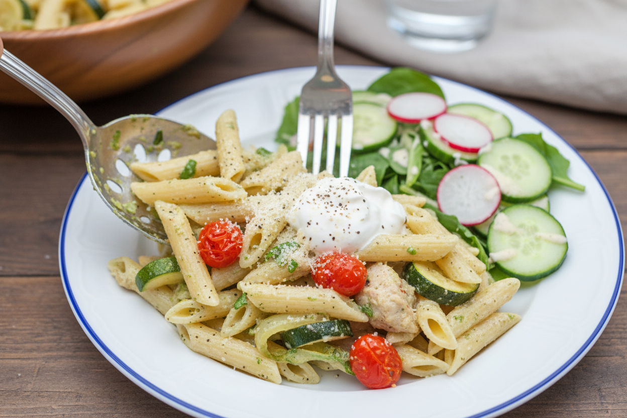 Roasted Vegetable and Chicken Pesto Penne