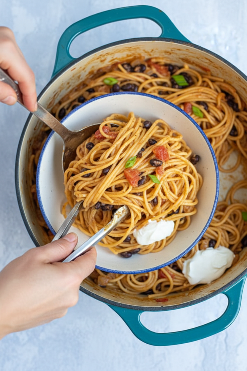 Easy One-Pot Taco Spaghetti Recipe (Vegetarian) - The Schmidty Wife