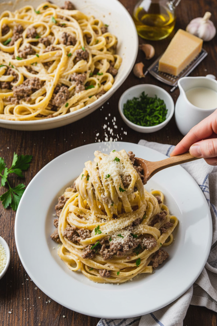 Creamy Ground Beef Alfredo Pasta Recipe