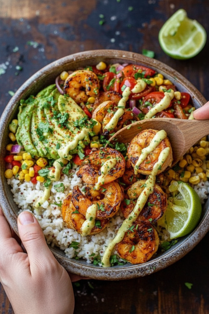 Grilled Shrimp Bowl With Avocado Corn Salsa
