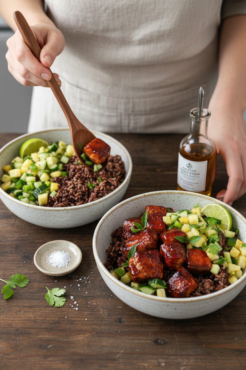 Korean BBQ Crispy Salmon Bowl Pineapple Salsa