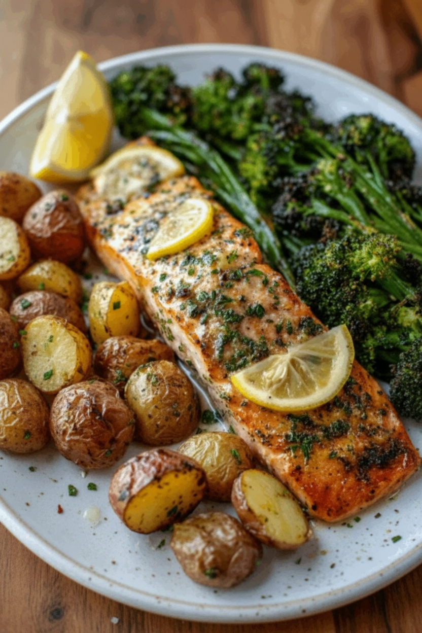 Lemon Butter Salmon with Crispy Potatoes and Broccoli