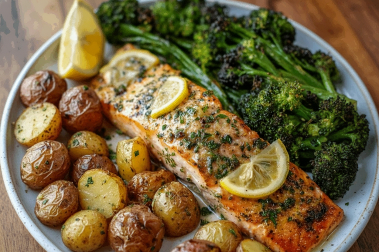 Lemon Butter Salmon with Crispy Potatoes and Broccoli