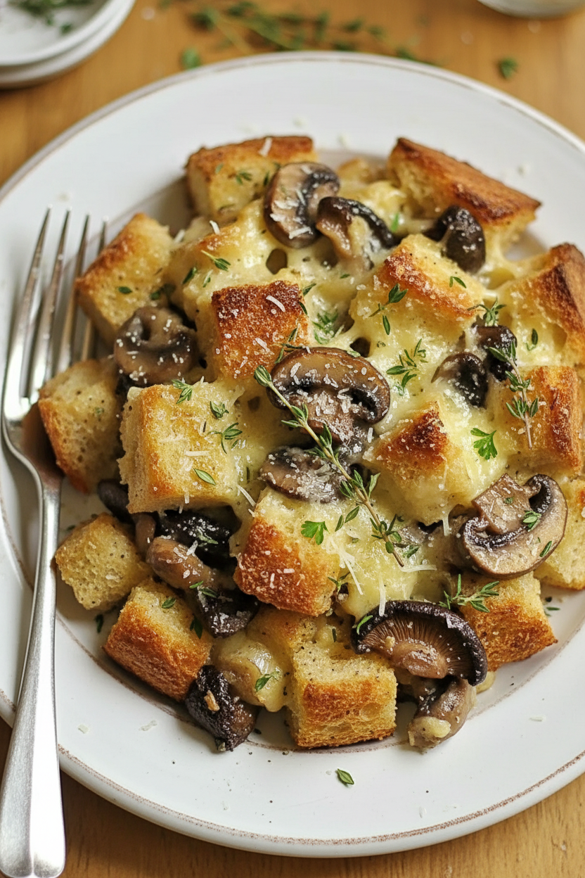 Savory Mushroom Gruyere Cheese Bread Pudding